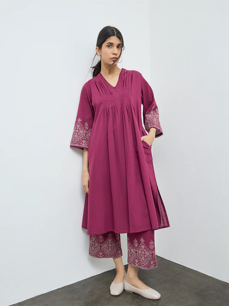 Utsa Magenta Embroidered Cotton Pants - Image 2