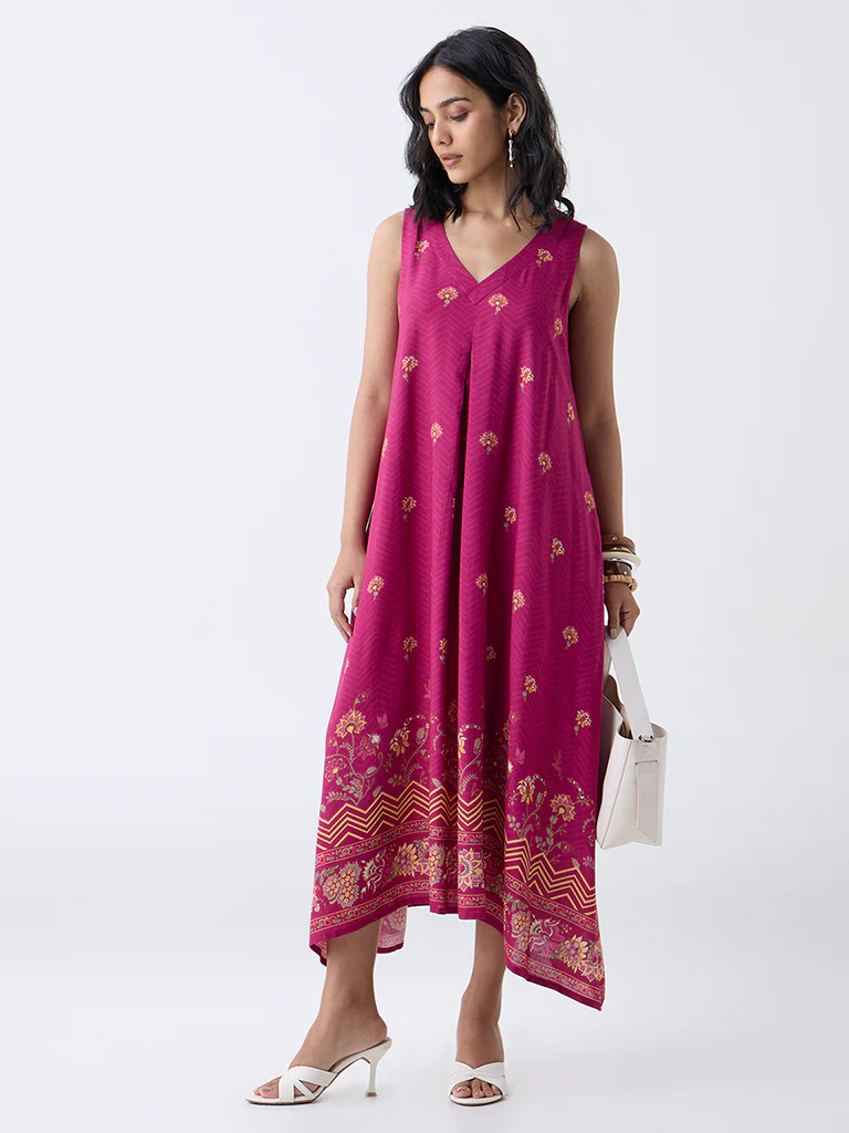 Utsa Magenta Floral Design A-Line Dress - Image 2