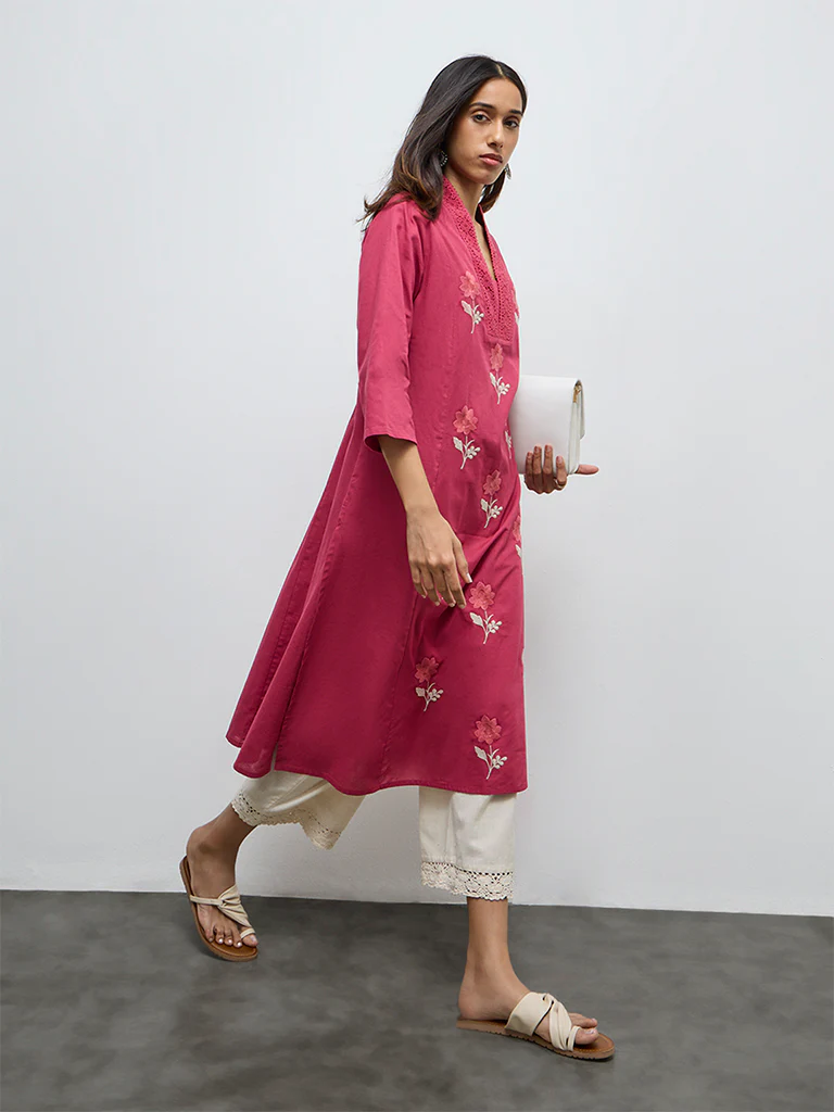 Utsa Magenta Floral Embroidered Cotton-Blend A-Line Kurta - Image 2