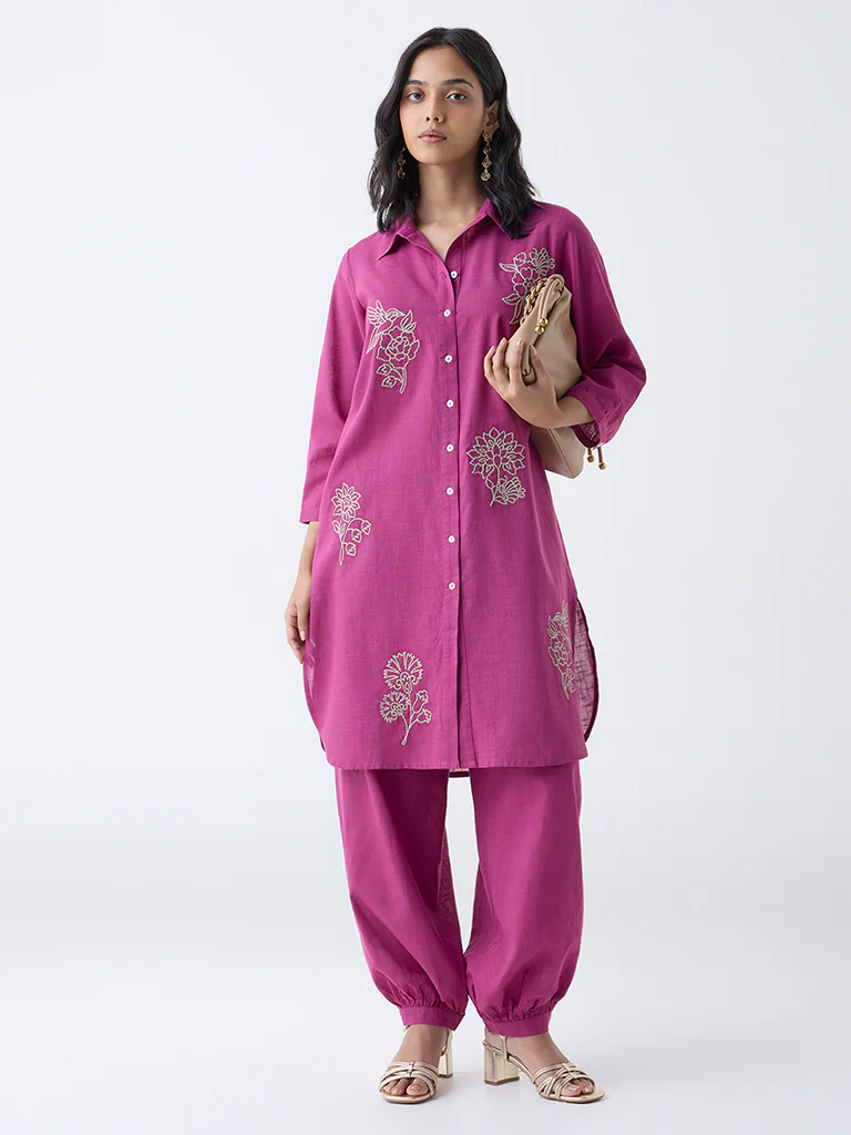 Utsa Magenta Floral Embroidered Cotton Straight Kurta