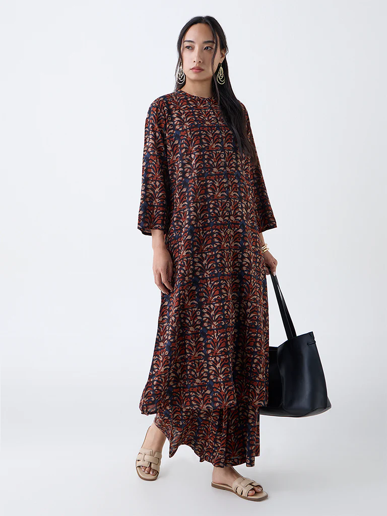 Utsa Maroon Block Print A-Line Kurta - Image 2
