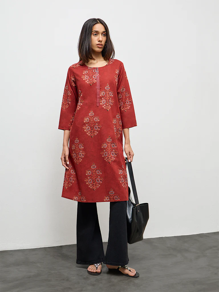Utsa Maroon Botanical Design Cotton Straight Kurta