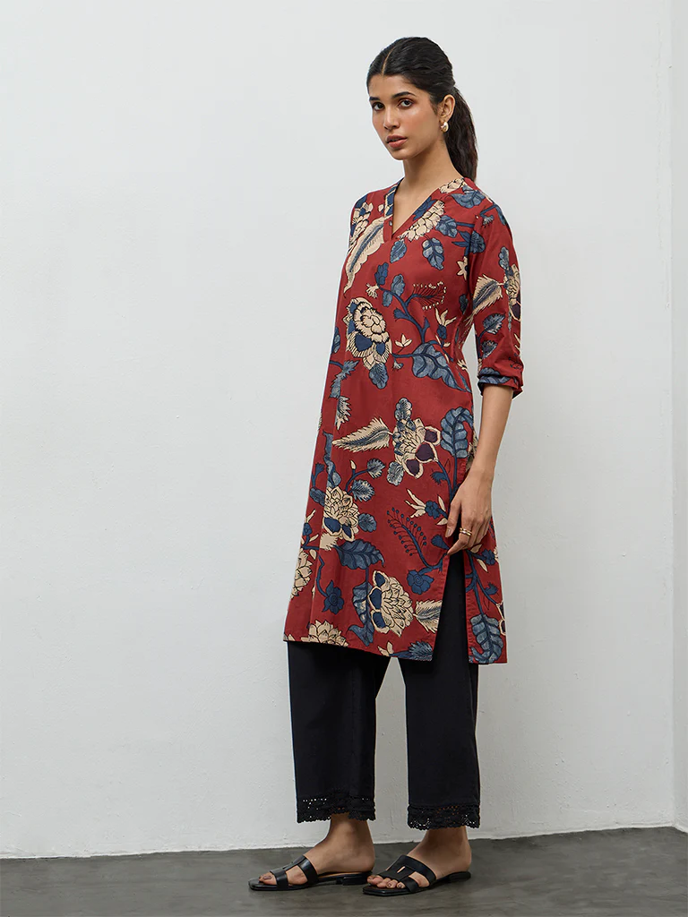 Utsa Maroon Botanical Design Cotton Straight Kurta - Image 2