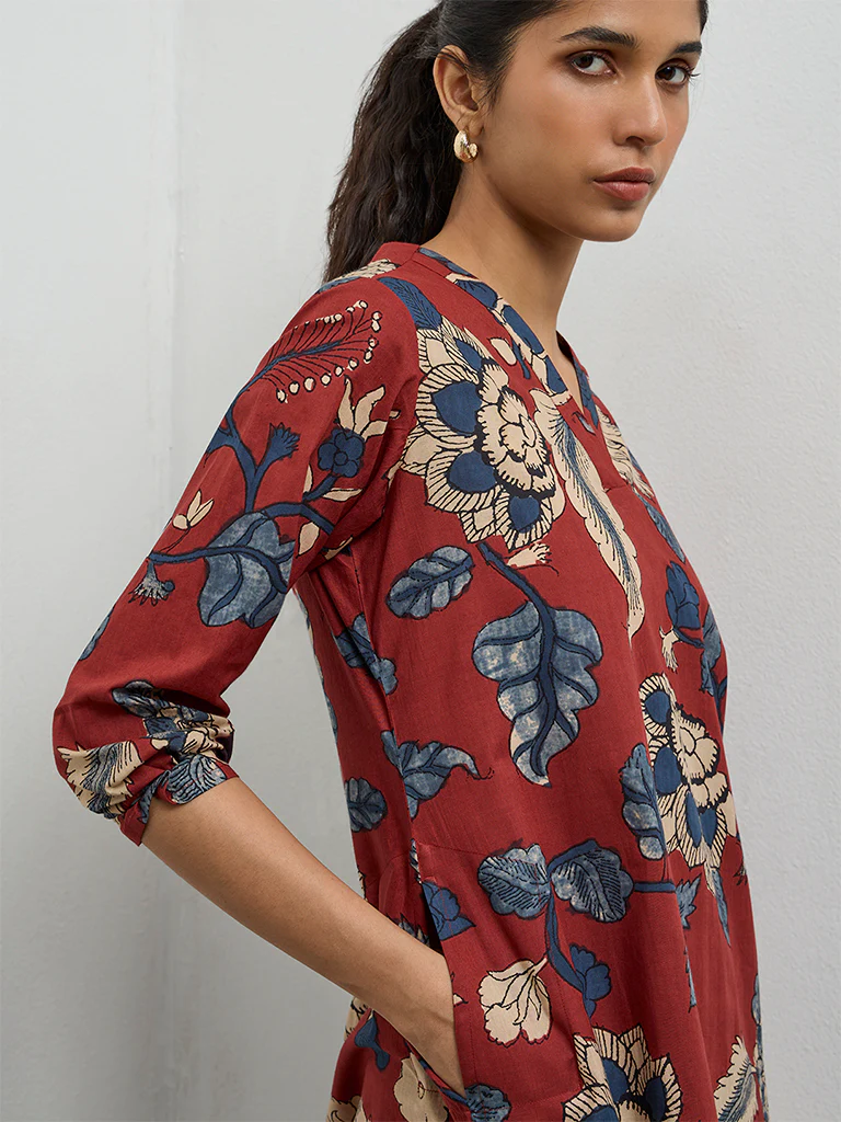 Utsa Maroon Botanical Design Cotton Straight Kurta - Image 3