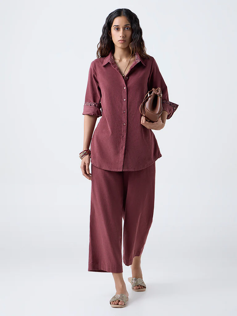 Utsa Maroon Corduroy Cotton Palazzos - Image 2