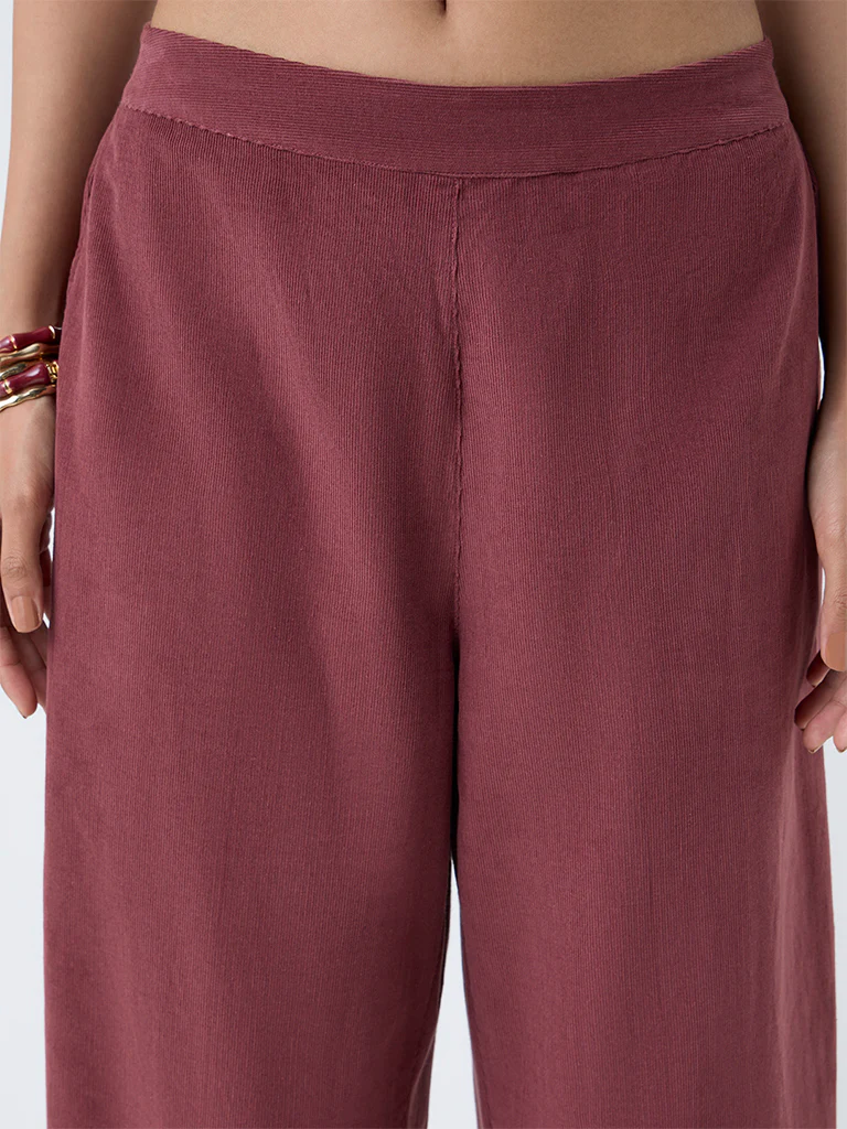 Utsa Maroon Corduroy Cotton Palazzos - Image 3