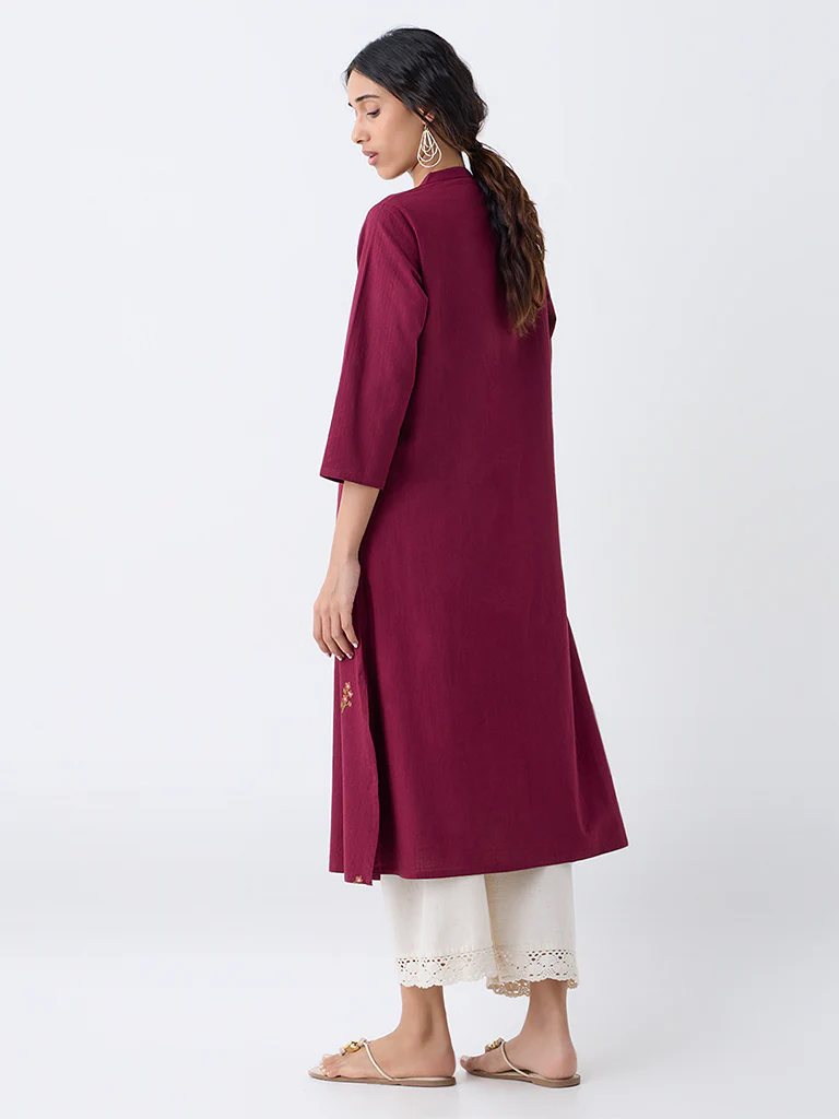 Utsa Maroon Floral Embroidered A-Line Cotton Kurta - Image 4