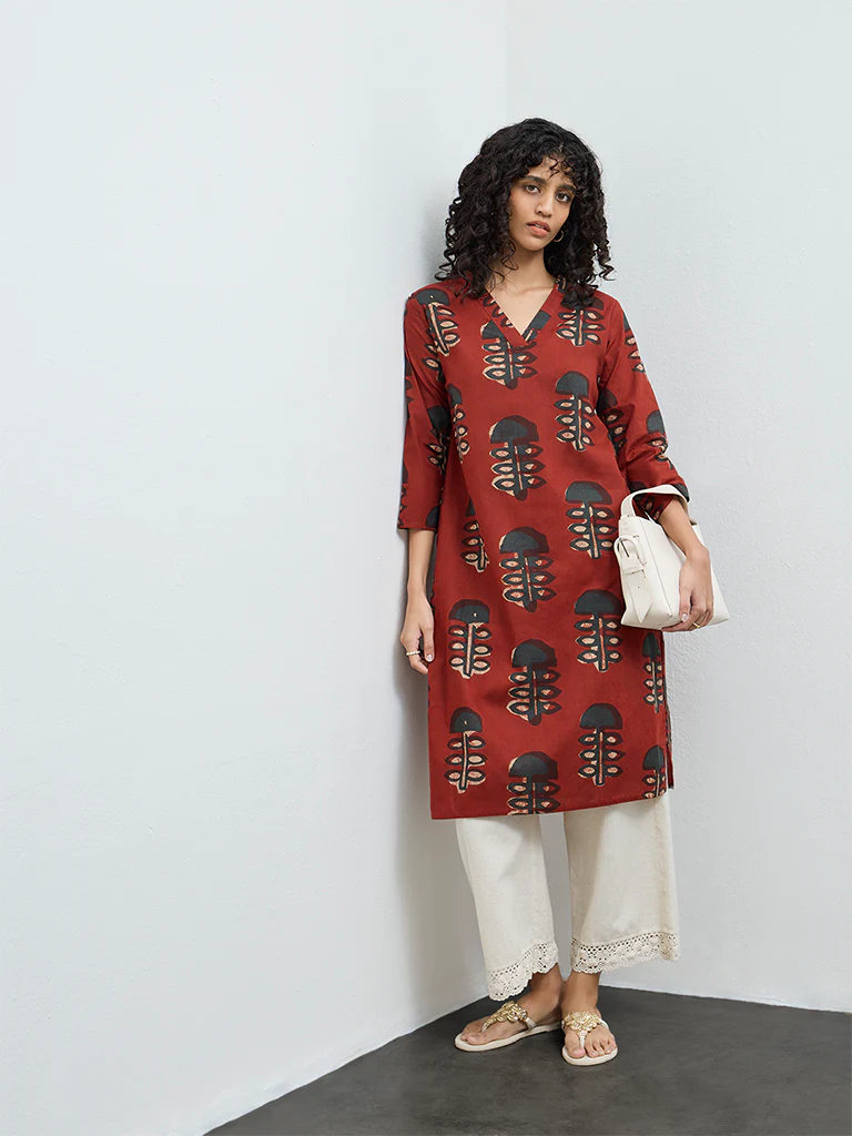 Utsa Maroon Foliage Printed Cotton A-Line Kurta