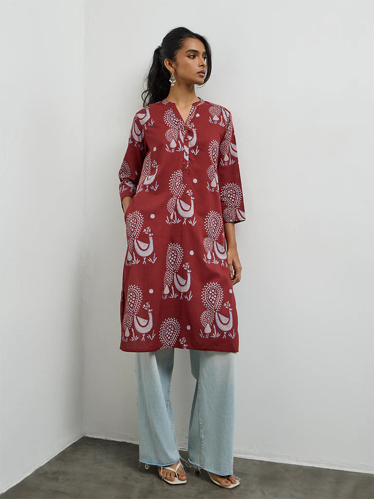 Utsa Maroon Peacock Printed Cotton Straight Kurta