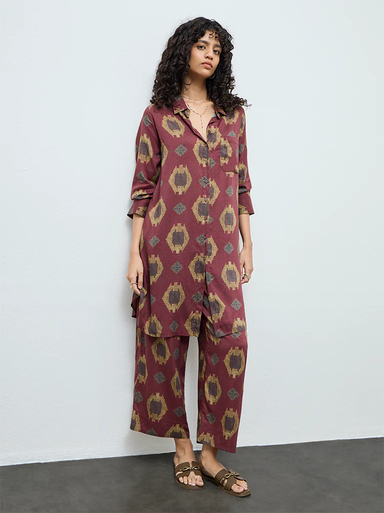 Utsa Maroon Printed Cotton Palazzos - Image 2