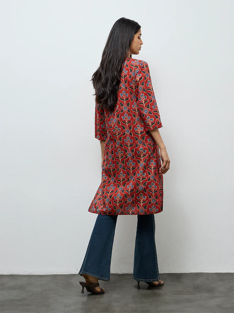 Utsa Maroon Printed Cotton Straight Kurta - Image 4