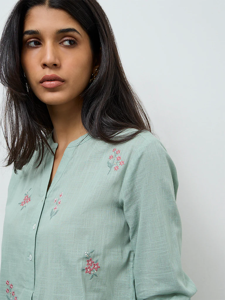 Utsa Mint Floral Embroidered Cotton Tunic - Image 3