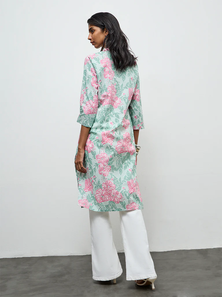Utsa Mint Floral Printed Cotton Straight Kurta - Image 4