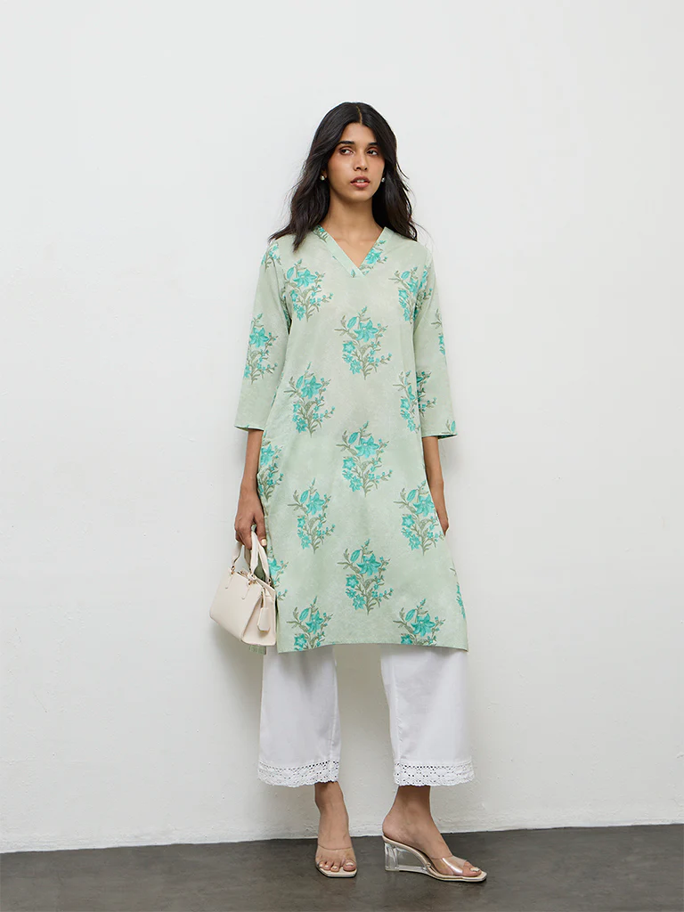 Utsa Mint Floral Printed Cotton Straight Kurta - Image 2