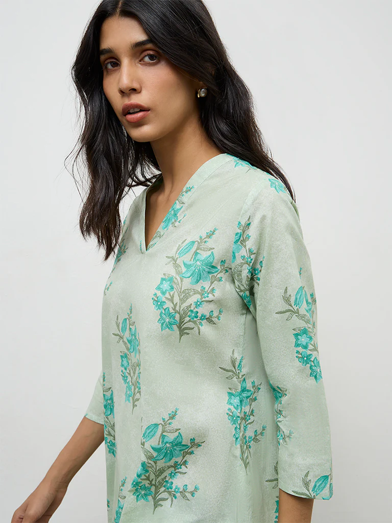 Utsa Mint Floral Printed Cotton Straight Kurta - Image 3