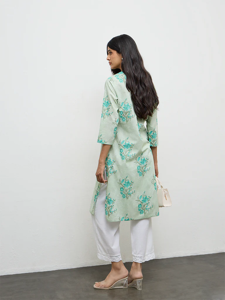 Utsa Mint Floral Printed Cotton Straight Kurta - Image 4