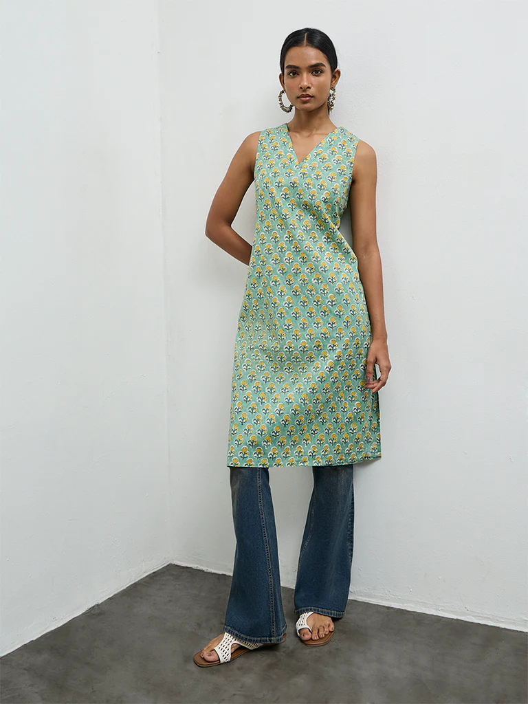 Utsa Mint Floral Printed Cotton Straight Kurta - Image 2
