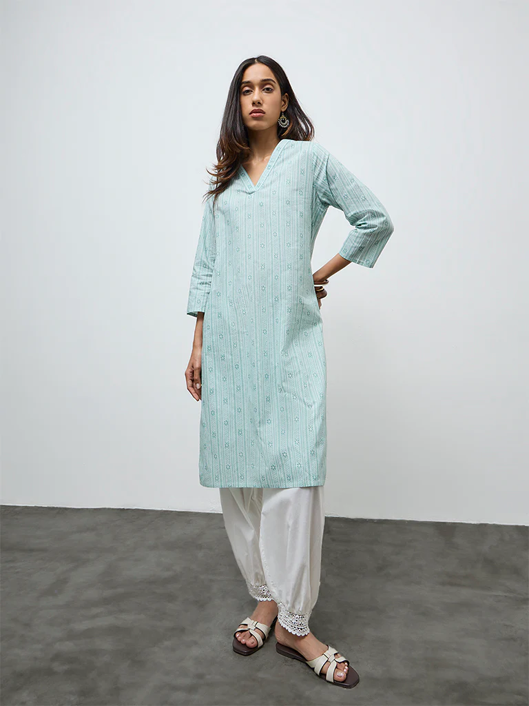 Utsa Mint Leaf Printed Cotton Straight Kurta - Image 2
