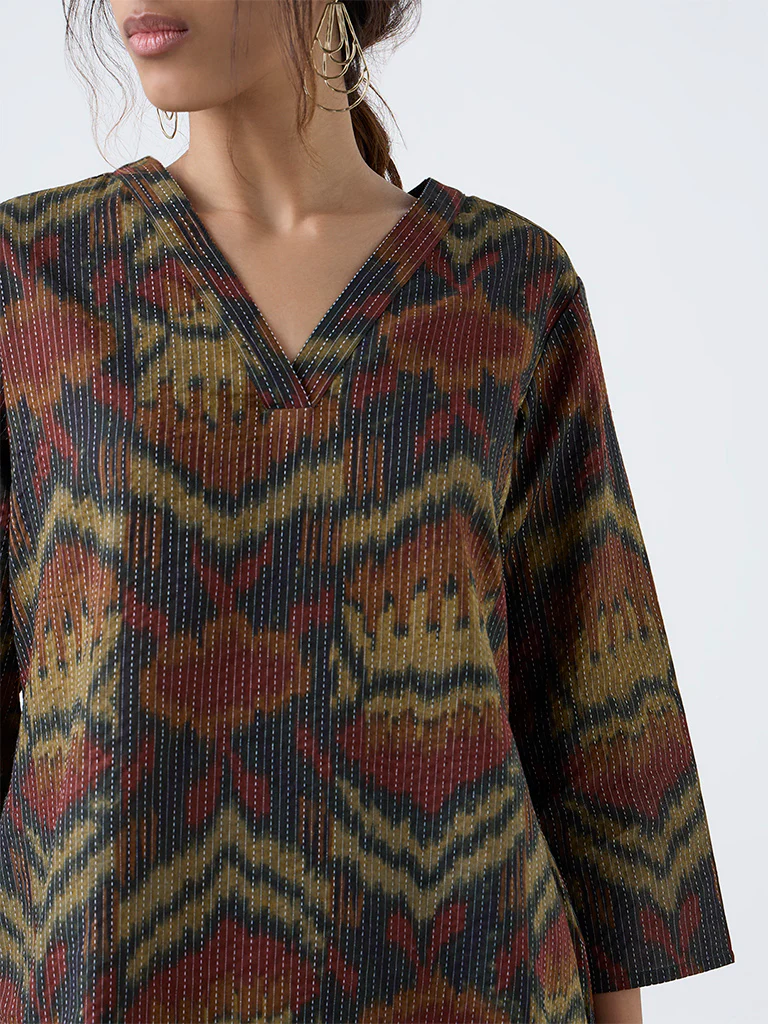 Utsa Multicolour Ikat Pattern Cotton-Blend Straight Kurta - Image 3