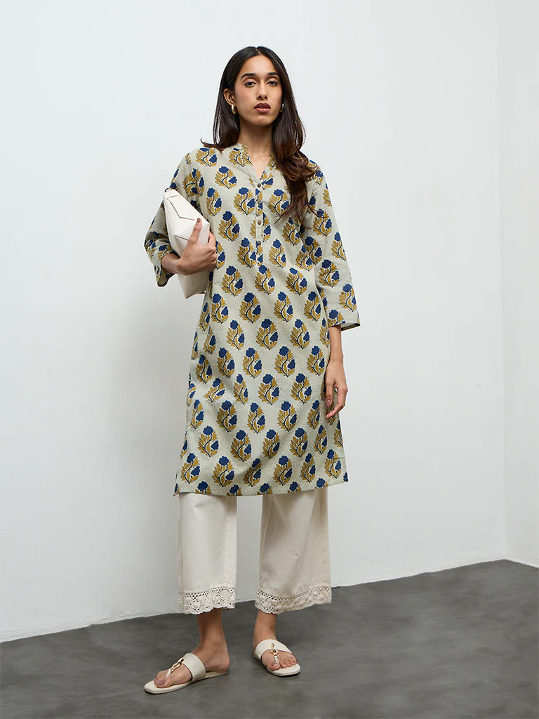Utsa Multicolour Peacock Butta Printed Cotton Straight Kurta