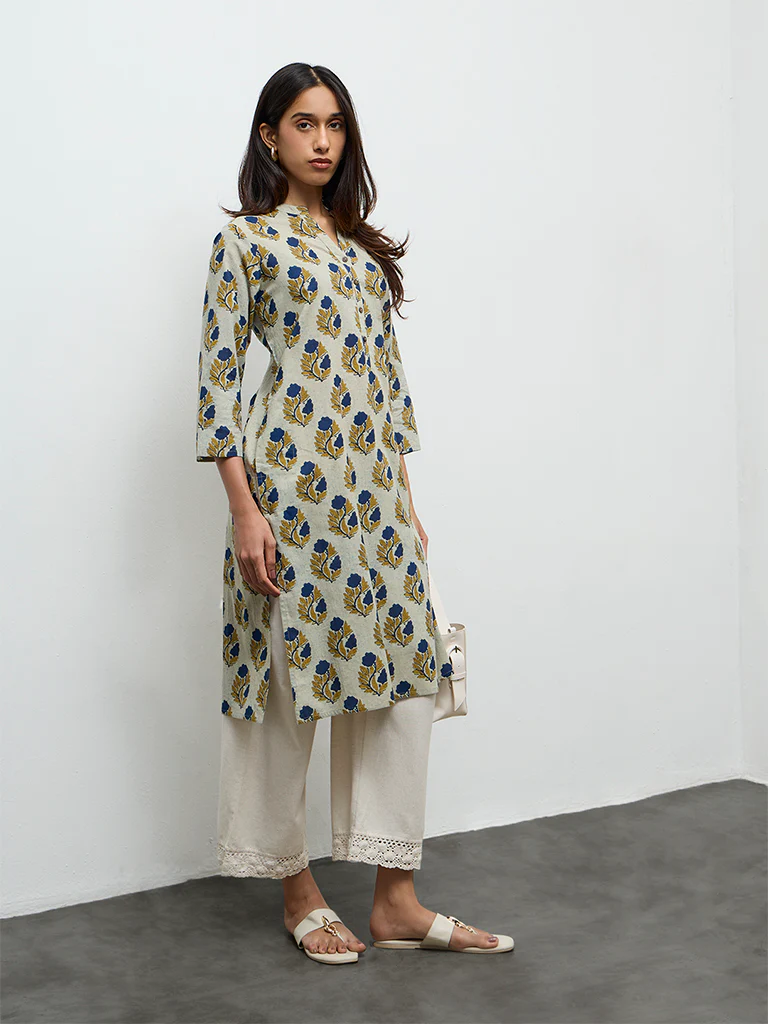 Utsa Multicolour Peacock Butta Printed Cotton Straight Kurta - Image 2