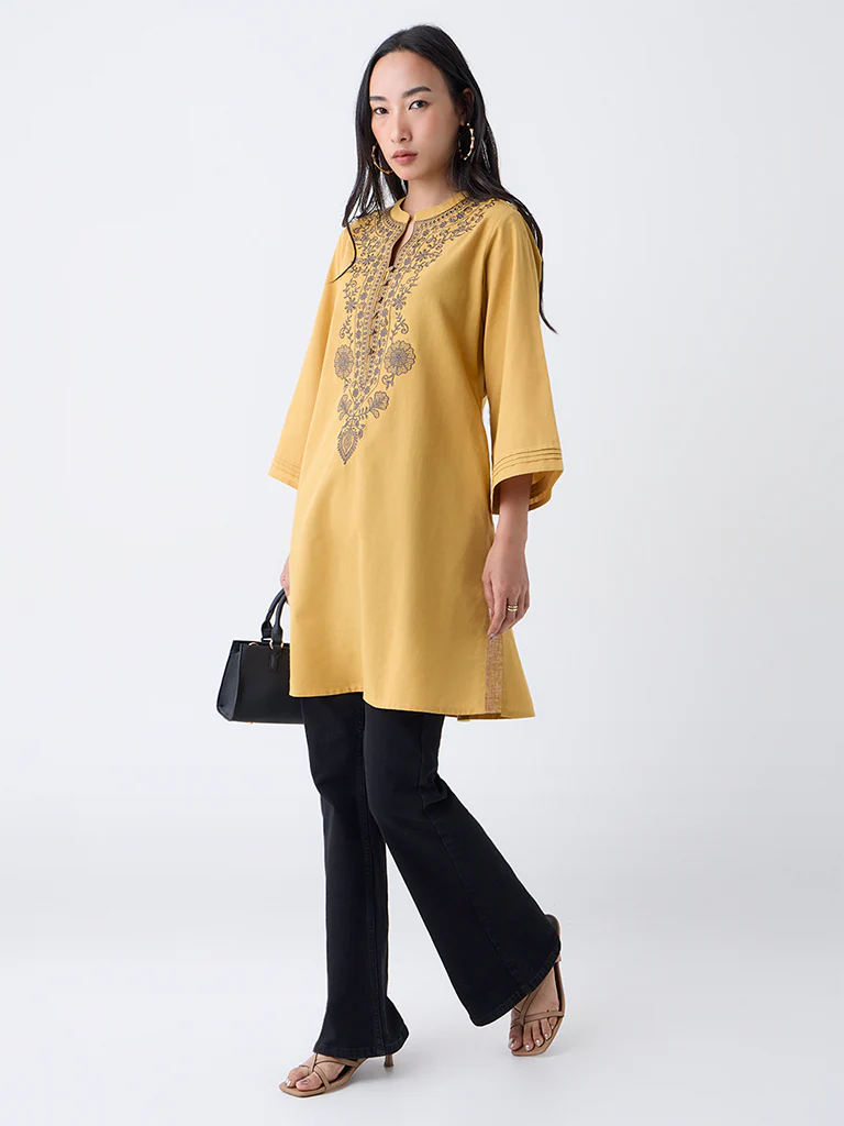 Utsa Mustard Embroidered Cotton-Blend A-Line Kurta