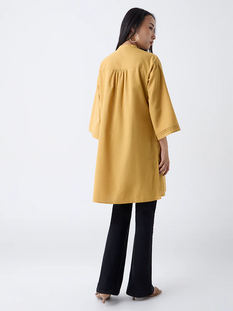 Utsa Mustard Embroidered Cotton-Blend A-Line Kurta - Image 4