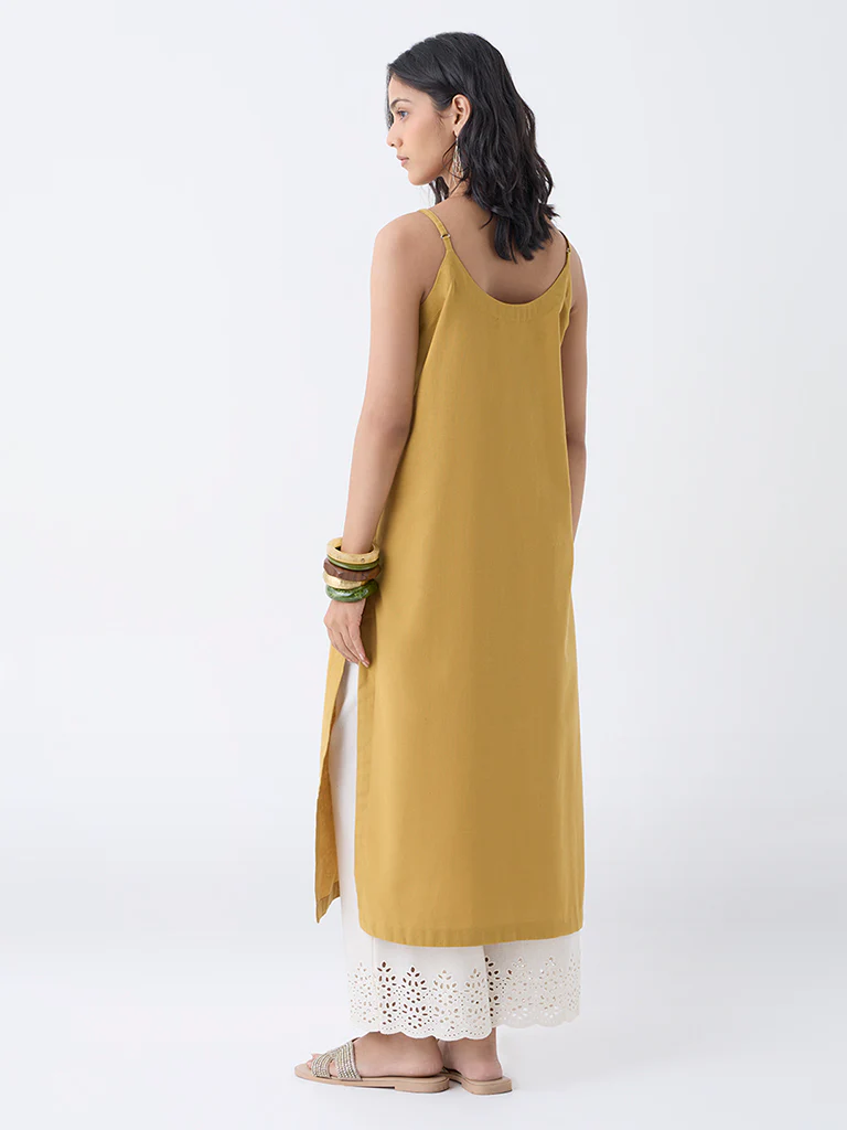 Utsa Mustard Embroidered Cotton-Blend A-Line Kurta - Image 4
