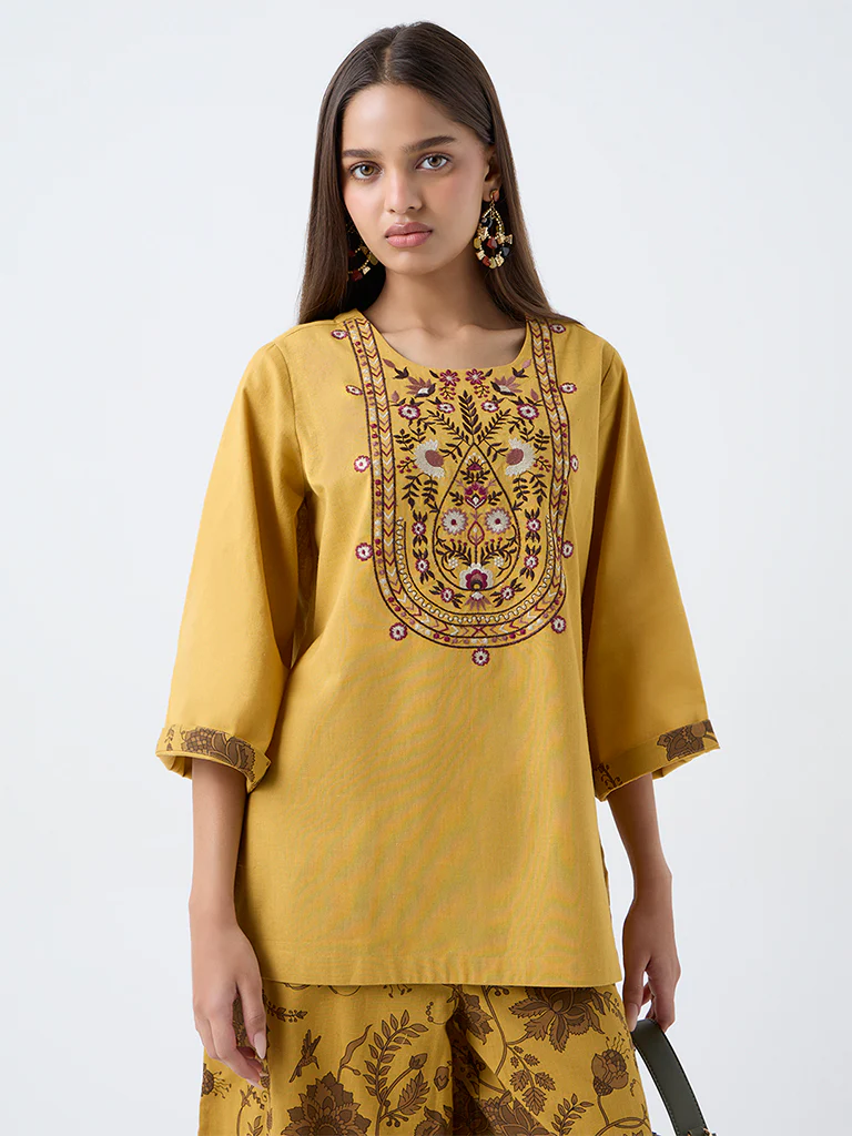 Utsa Mustard Embroidered Cotton-Blend Tunic - Image 2