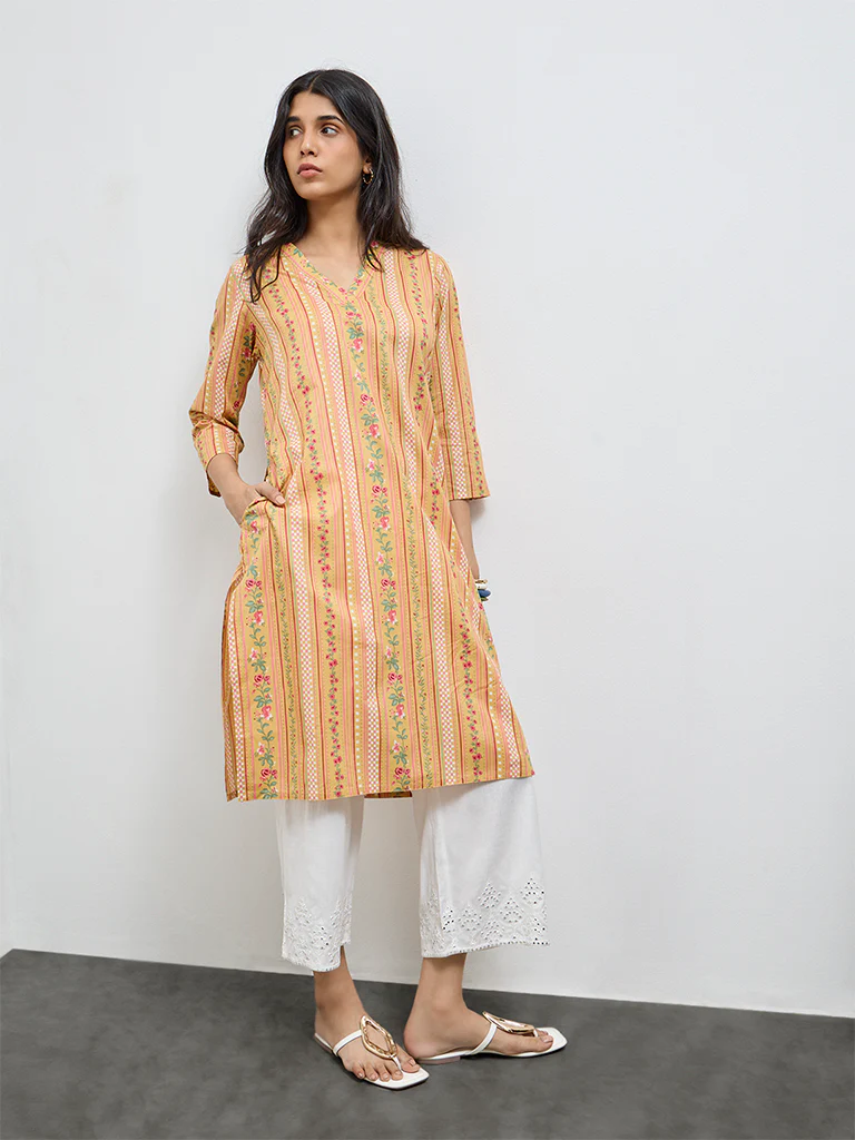 Utsa Mustard Floral Cotton Straight Kurta