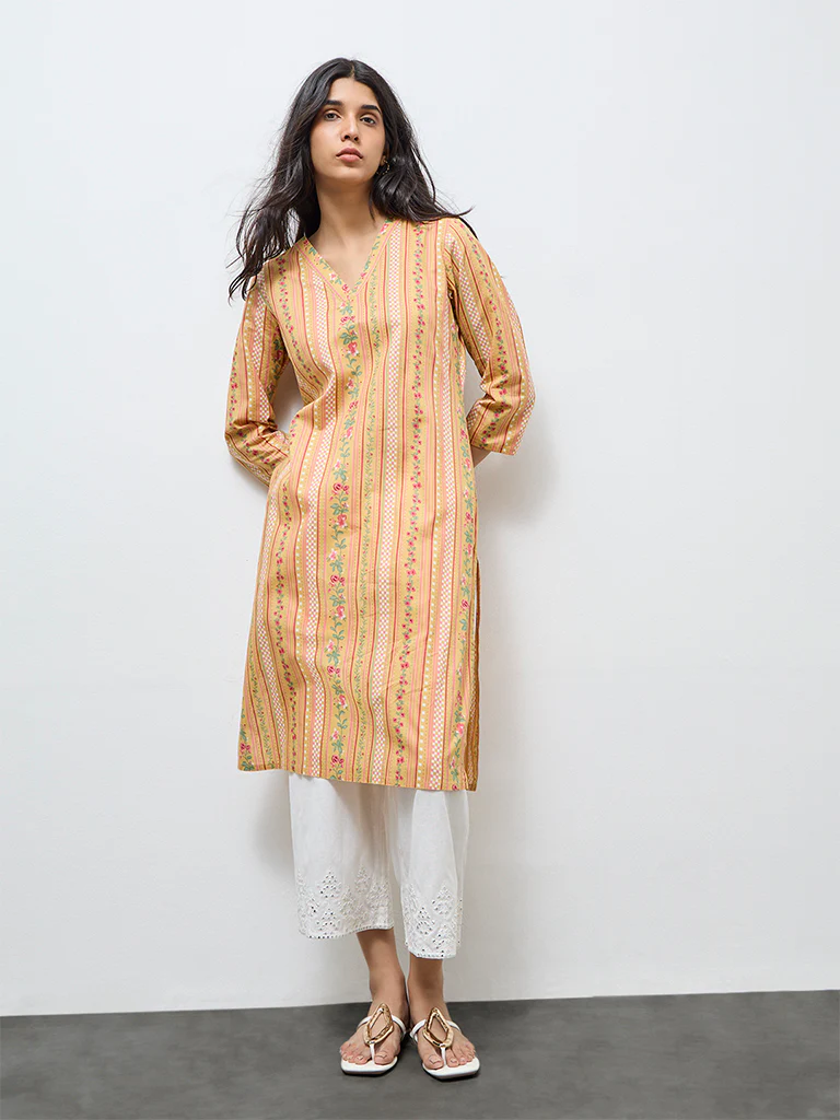 Utsa Mustard Floral Cotton Straight Kurta - Image 2
