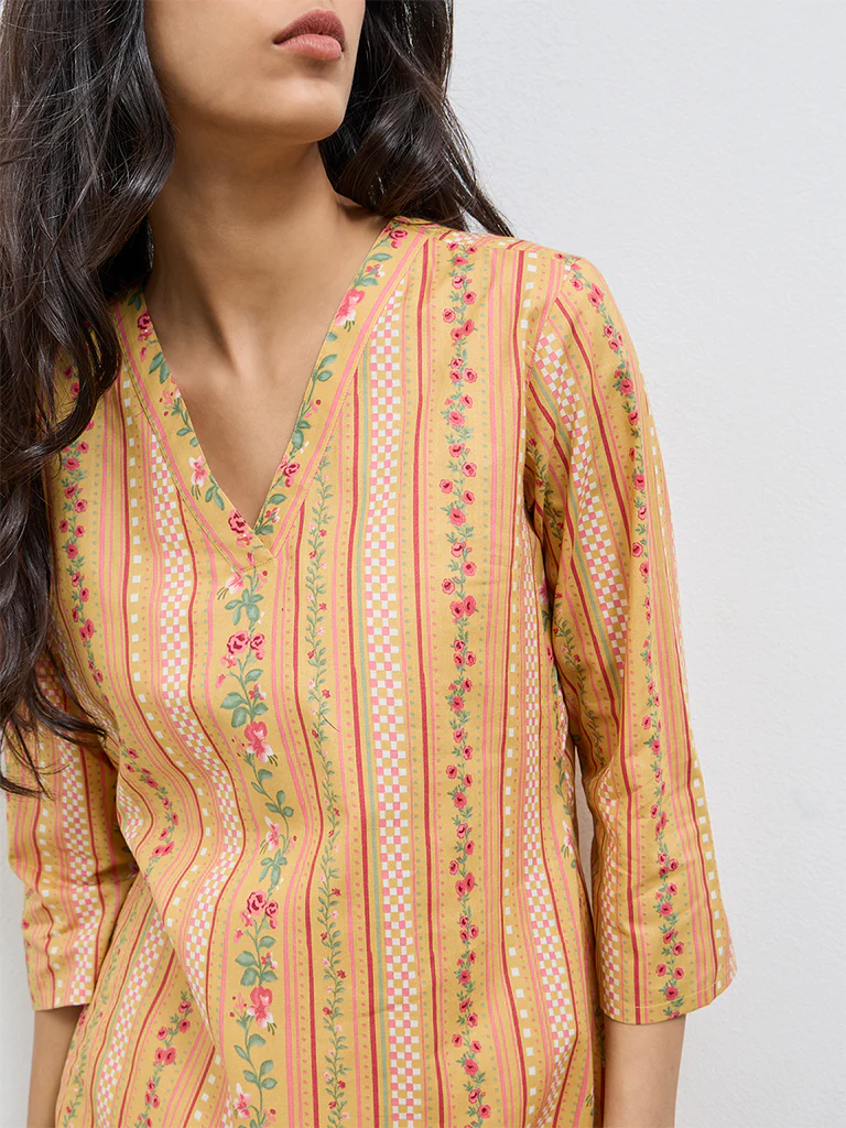 Utsa Mustard Floral Cotton Straight Kurta - Image 3