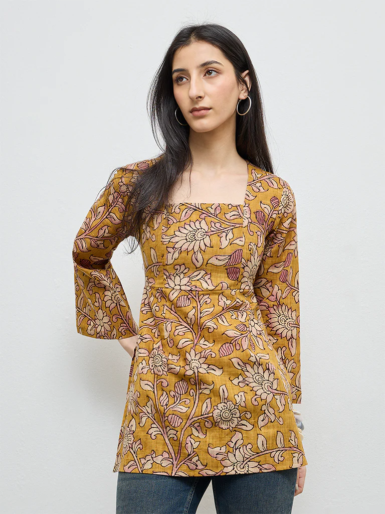 Utsa Mustard Floral Cotton Tunic