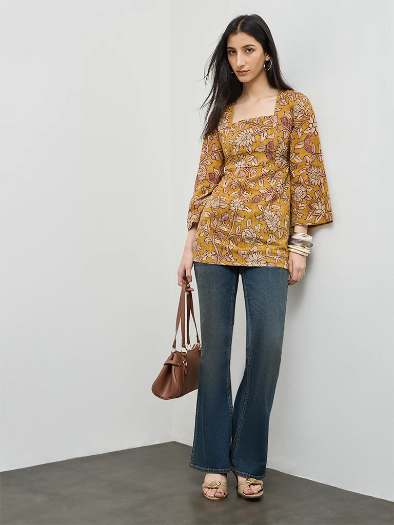 Utsa Mustard Floral Cotton Tunic - Image 2