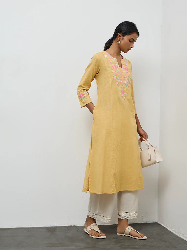 Utsa Mustard Floral Embroidered A-Line Cotton Kurta