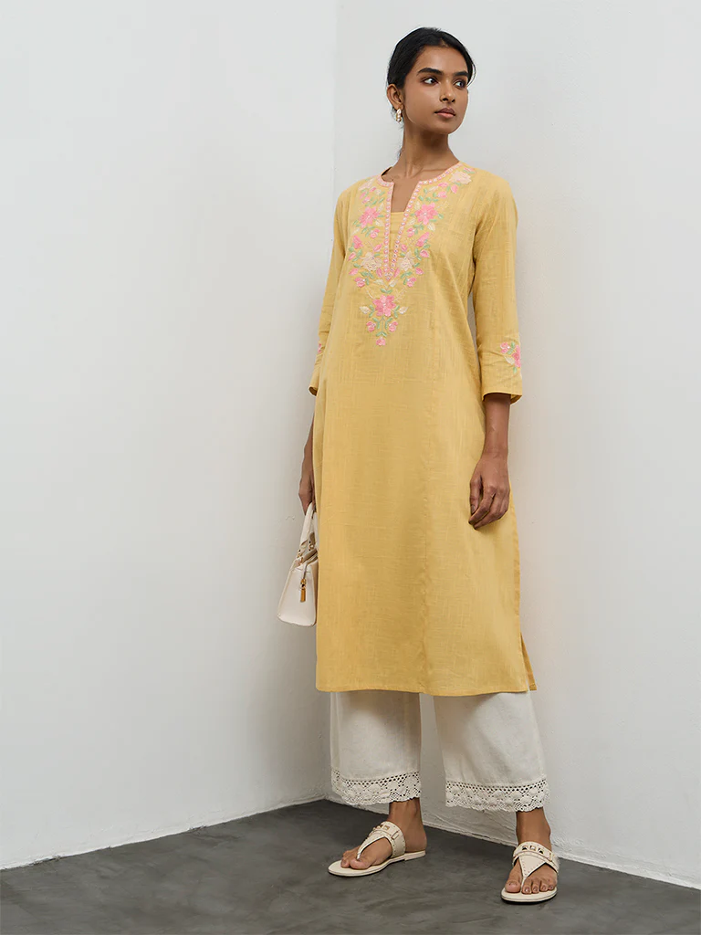 Utsa Mustard Floral Embroidered A-Line Cotton Kurta - Image 2