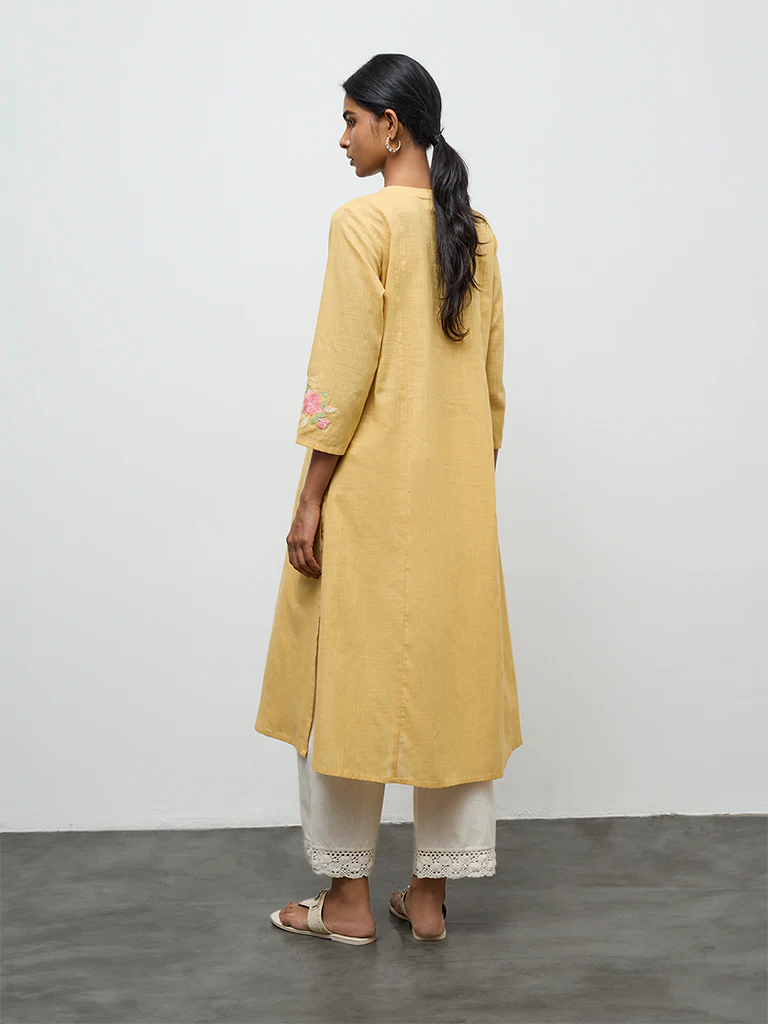 Utsa Mustard Floral Embroidered A-Line Cotton Kurta - Image 4