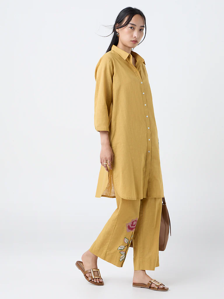 Utsa Mustard Floral Embroidered Cotton A-Line Kurta - Image 2