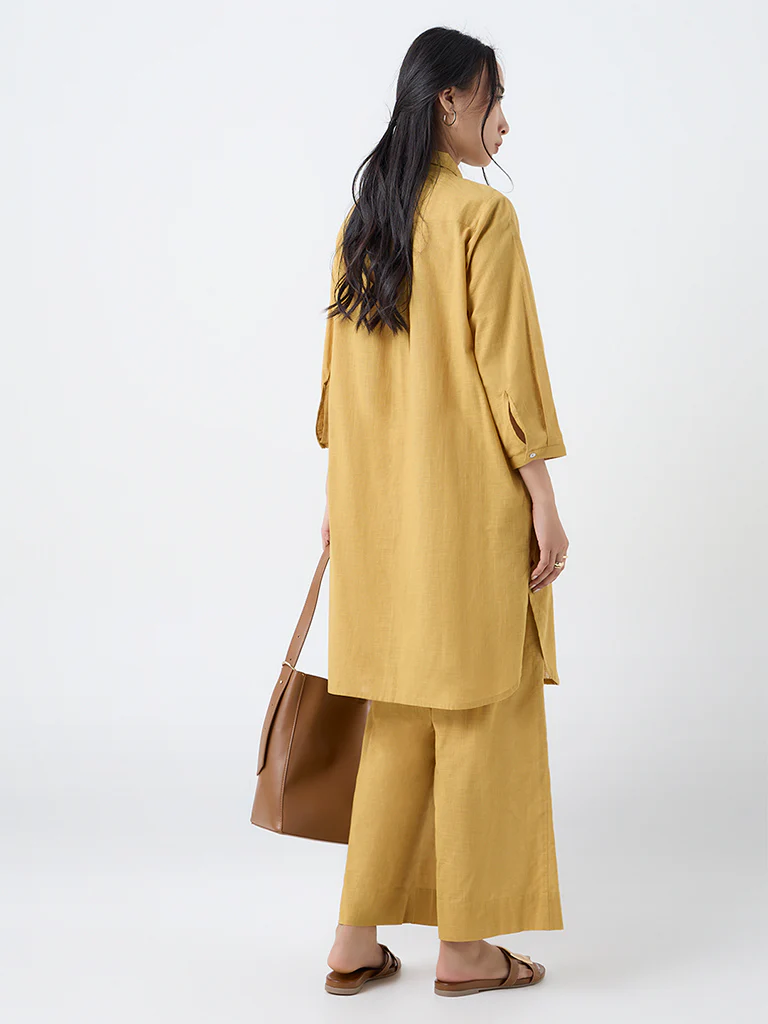Utsa Mustard Floral Embroidered Cotton A-Line Kurta - Image 4