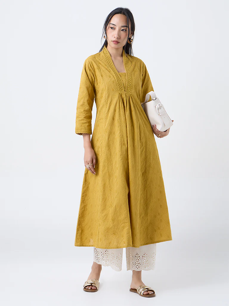Utsa Mustard Floral Embroidered Cotton A-Line Kurta