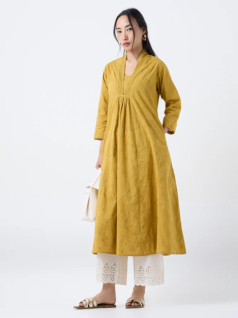 Utsa Mustard Floral Embroidered Cotton A-Line Kurta - Image 2