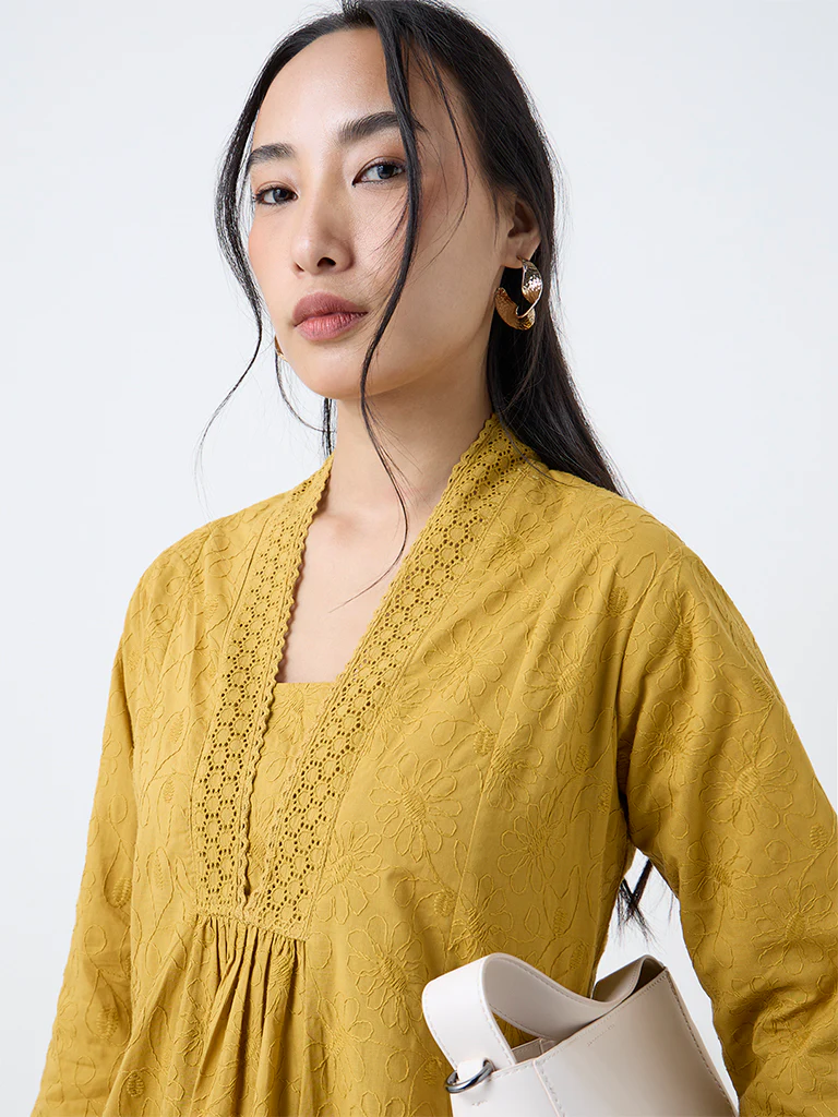 Utsa Mustard Floral Embroidered Cotton A-Line Kurta - Image 3