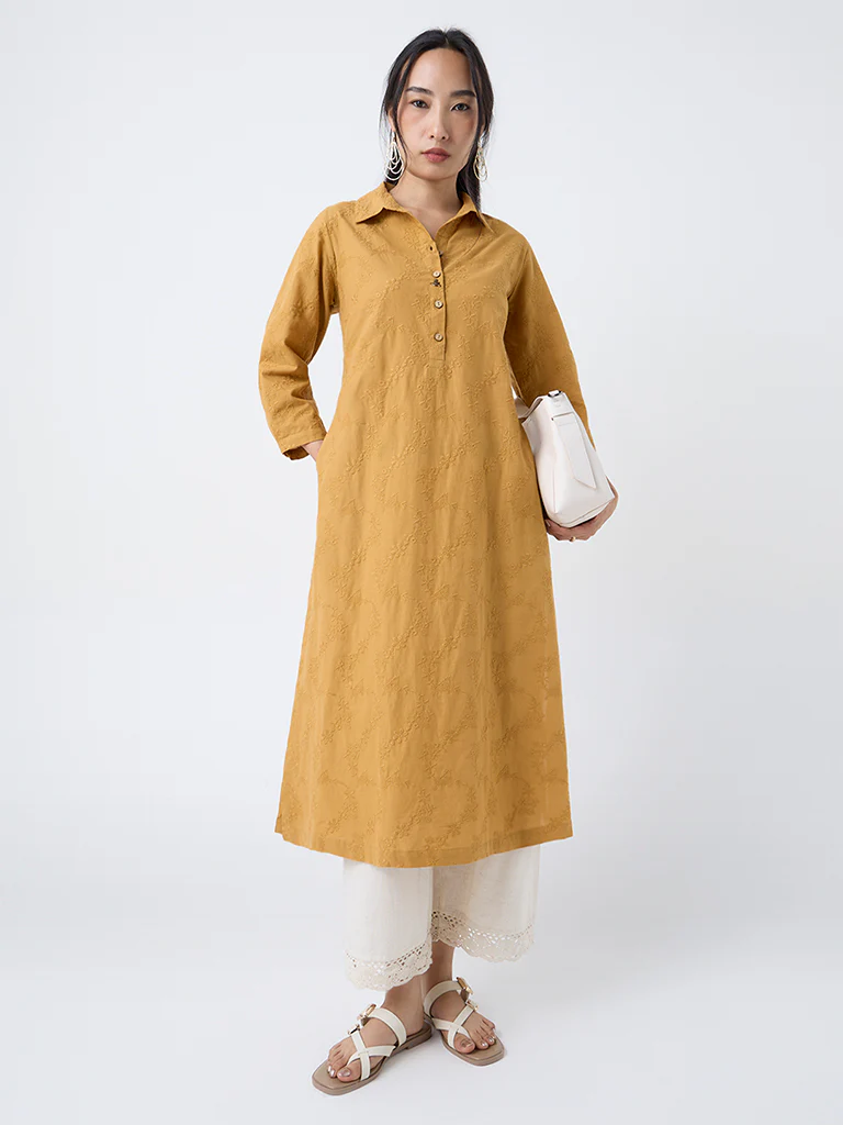 Utsa Mustard Floral Embroidered Cotton A-Line Kurta
