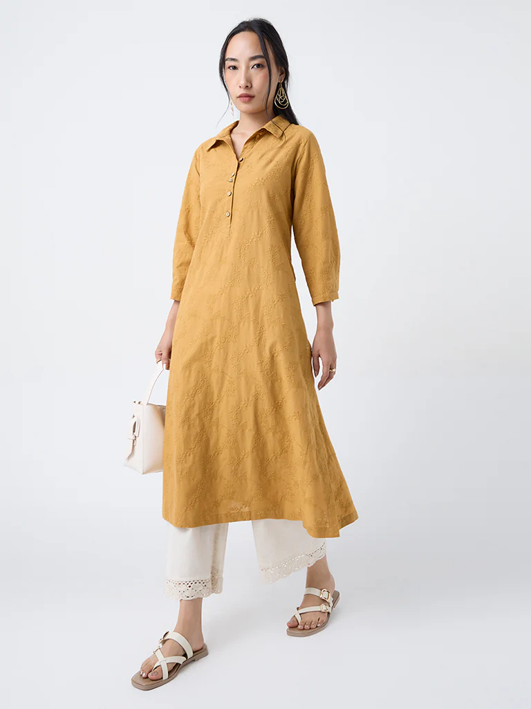 Utsa Mustard Floral Embroidered Cotton A-Line Kurta - Image 2