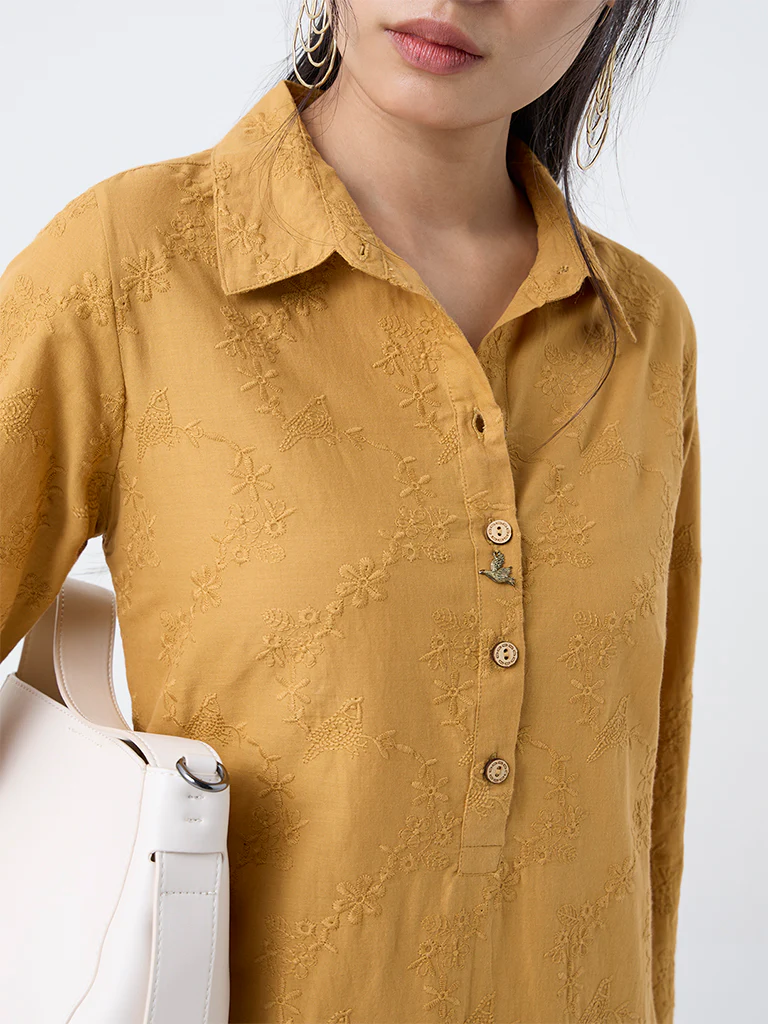 Utsa Mustard Floral Embroidered Cotton A-Line Kurta - Image 3