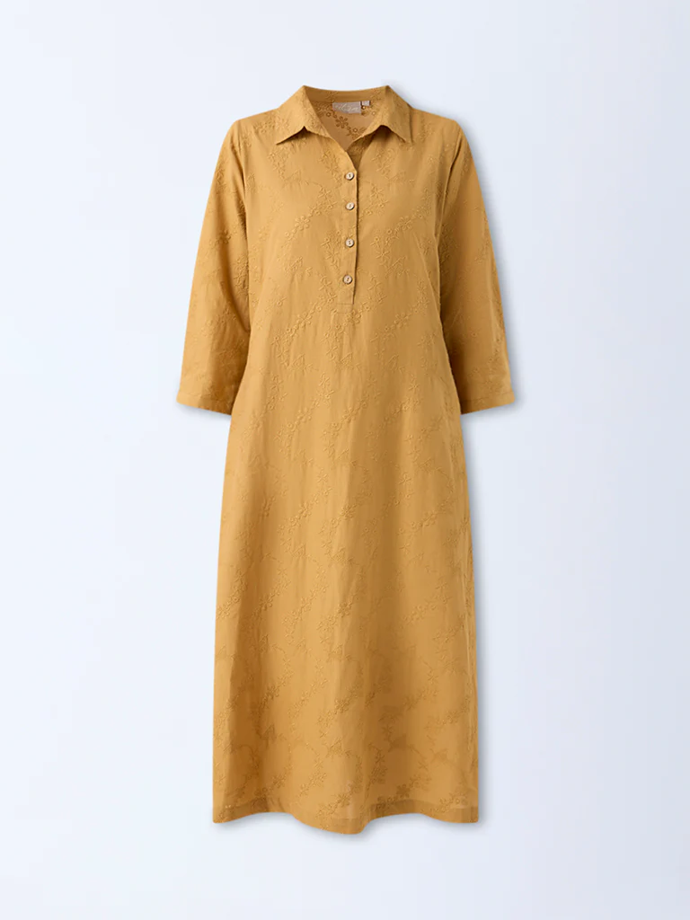 Utsa Mustard Floral Embroidered Cotton A-Line Kurta - Image 5