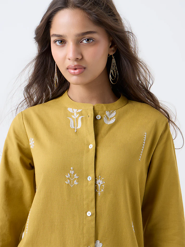 Utsa Mustard Floral Embroidered Cotton-Blend A-Line Kurta - Image 3