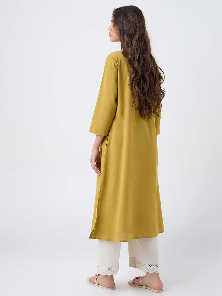 Utsa Mustard Floral Embroidered Cotton-Blend A-Line Kurta - Image 4