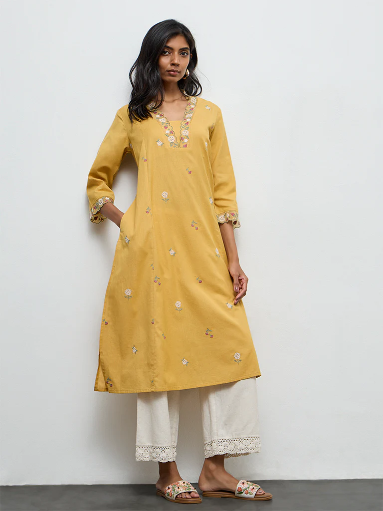Utsa Mustard Floral Embroidered Cotton-Blend A-Line Kurta - Image 2