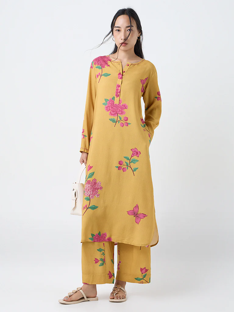 Utsa Mustard Floral Pattern A-Line Kurta